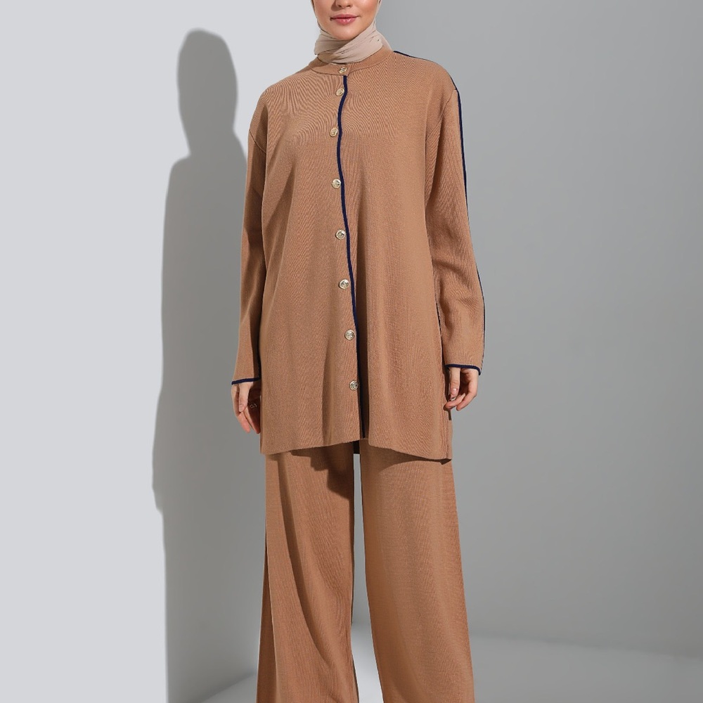 Tan Button-Up Long Sleeve Set - Navy Blue - Knit Suits